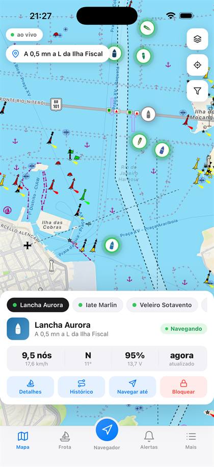 Mapa náutico e localização de embarcações no aplicativo NautMax